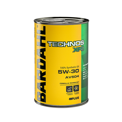 Can of Bardahl Technos XFS 5W-30 100% synthetic motor oil (yellow can with black/Bardahl branding)