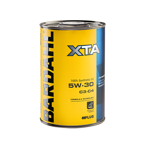 Can of 5W-30 synthetic motor oil with a yellow and blue label on a metal can