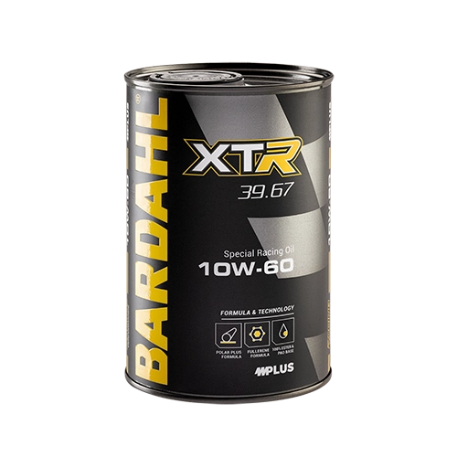Metal can of Bardahl XTR 10W-60 special racing motor oil, shown with bold branding and icons on the label