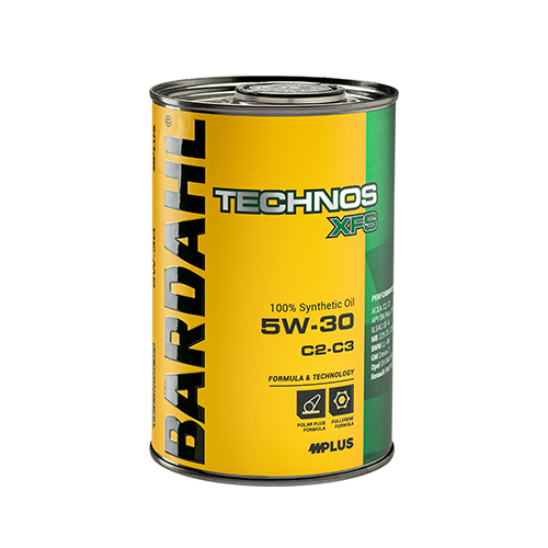 BardaHL Technos XFS 5W-30 synthetic motor oil can with yellow and green label