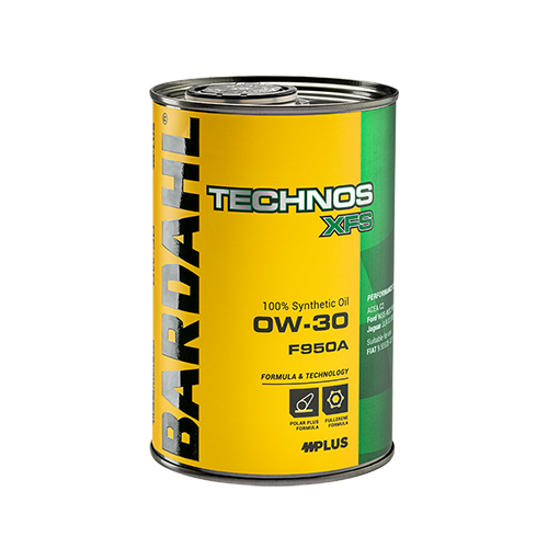 Metal can of Baldhead Technos XFS 0W-30 synthetic motor oil with a yellow and green label.