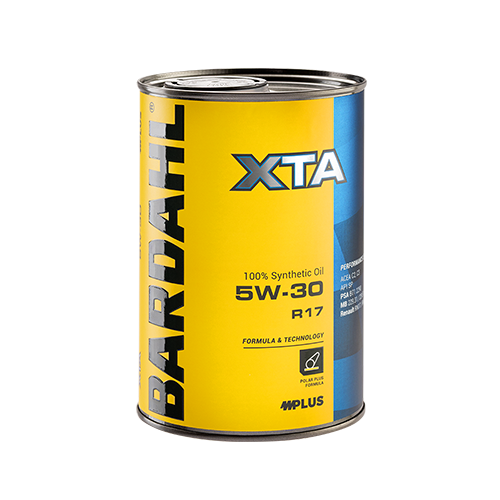 Can of Bardahl XTA 5W-30 synthetic motor oil with a yellow and blue label on a white background.